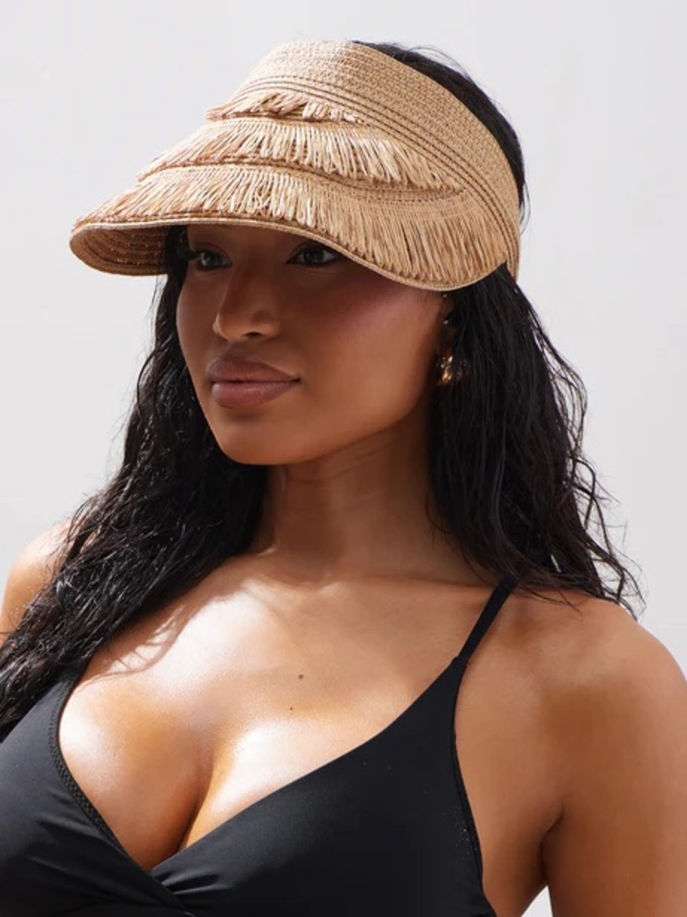 Fashion Nova Layered Fringe Straw Visor - Natural Tan